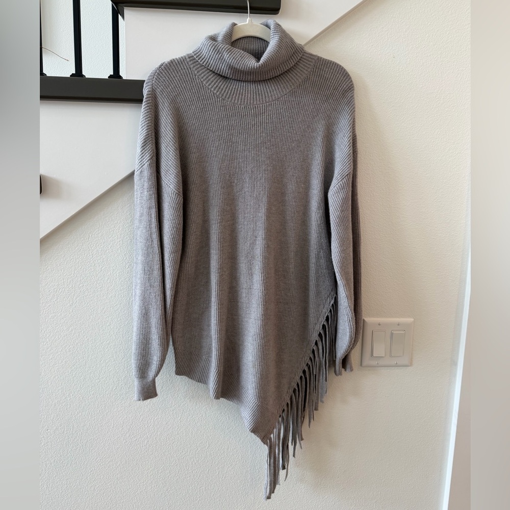 Cupio Taupe Turtleneck Sweater with Fringe